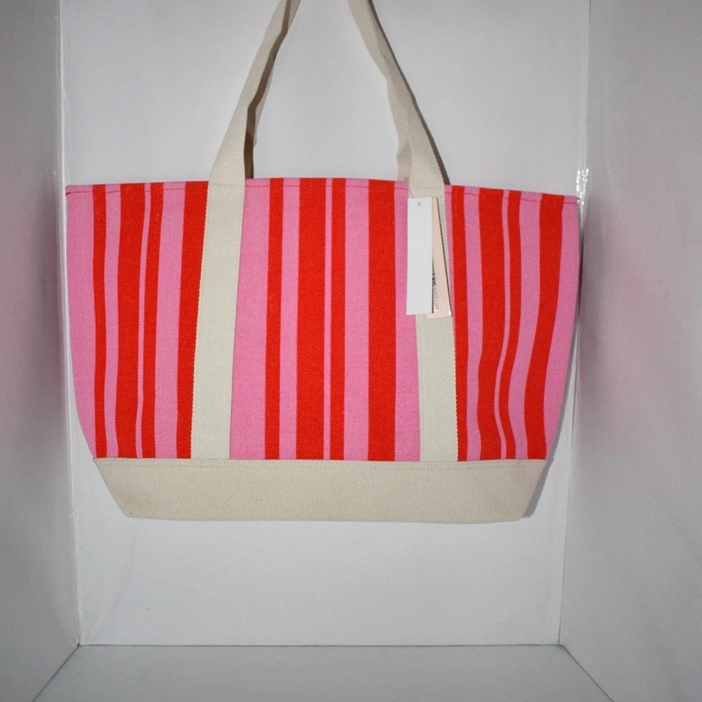 Striped Canvas Tote Bag - Red and Pink